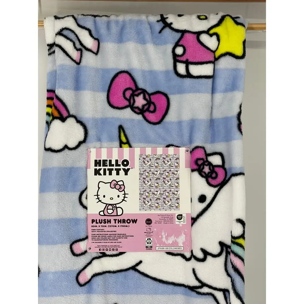 Hello Kitty Plush Throw Blanket 50 x 70 Unicorn Rainbow Blue Stripe Sanrio NEW
